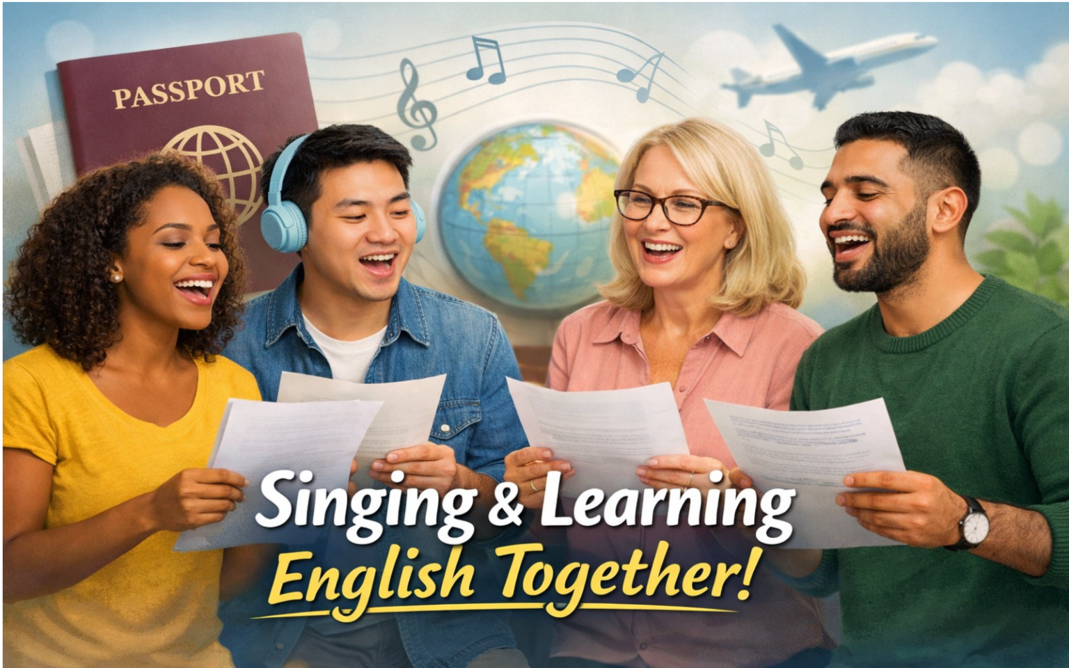 Grupo de pessoas felizes cantando e aprendendo inglês, com elementos visuais de passaporte, avião e notas musicais, representando o tema de imigração e aprendizado de idiomas.