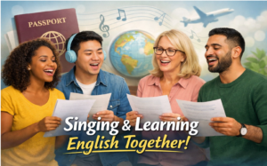 Grupo de pessoas felizes cantando e aprendendo inglês, com elementos visuais de passaporte, avião e notas musicais, representando o tema de imigração e aprendizado de idiomas.