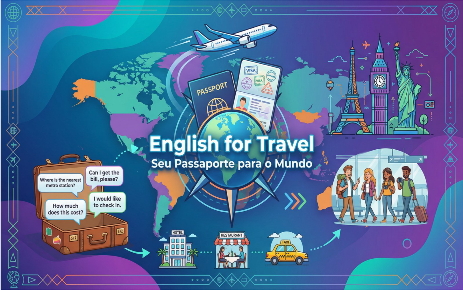 Ilustração educativa mostrando english for travel com mapa mundi, passaporte, avião, hotel, restaurante, táxi, landmarks mundiais e pessoas viajando.