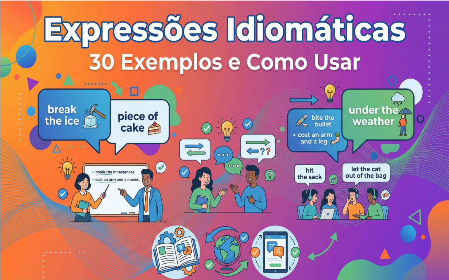 Ilustração educativa mostrando expressões idiomáticas em inglês com exemplos visuais: break the ice, piece of cake, under the weather, bite the bullet, cost an arm and a leg, e outras 25 expressões.