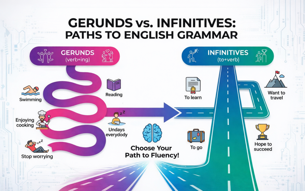 Gerúndios e Infinitivos em Inglês: Guia Completo com Exemplos Ilustração mostrando dois caminhos: gerúndios (verb+ing) e infinitivos (to+verb)