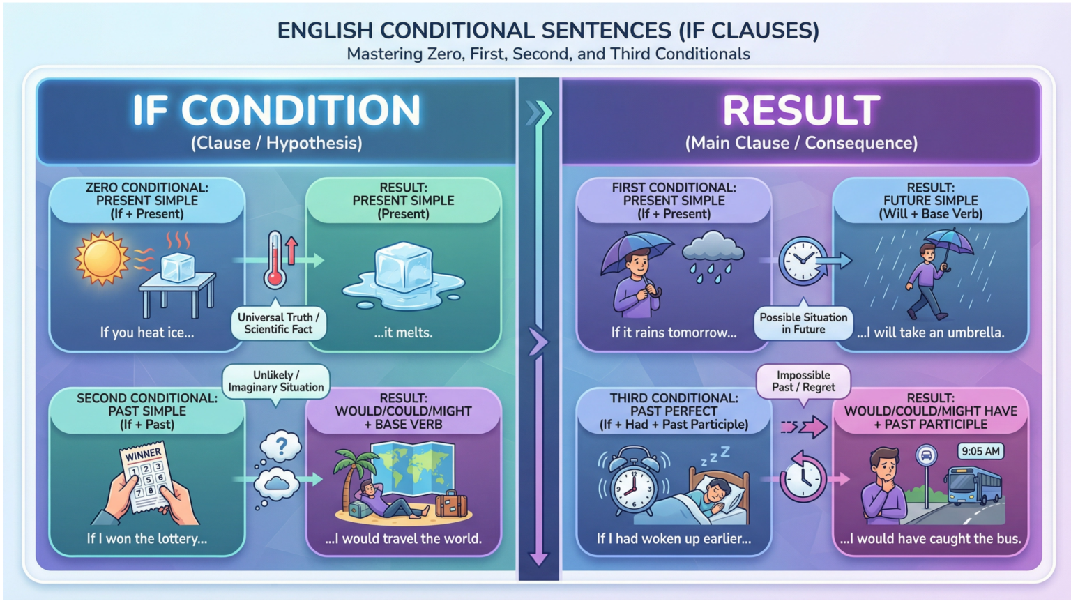 Ilustração mostrando os 4 tipos de orações condicionais em inglês com exemplos visuais