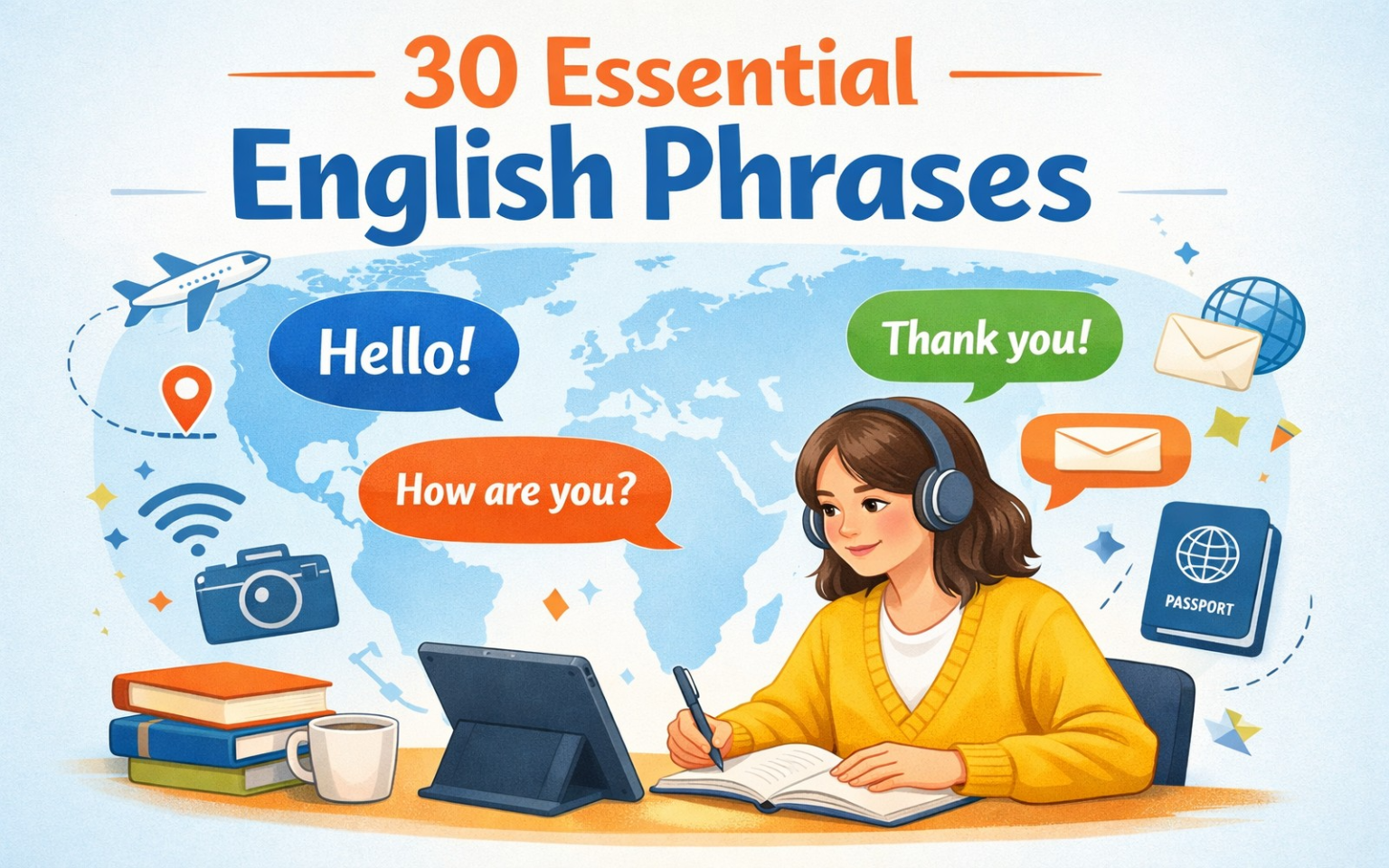 Ilustração de uma pessoa aprendendo inglês com balões de fala contendo frases essenciais, um mapa-múndi e ícones de viagem e comunicação, destacando as 30 frases mais importantes.