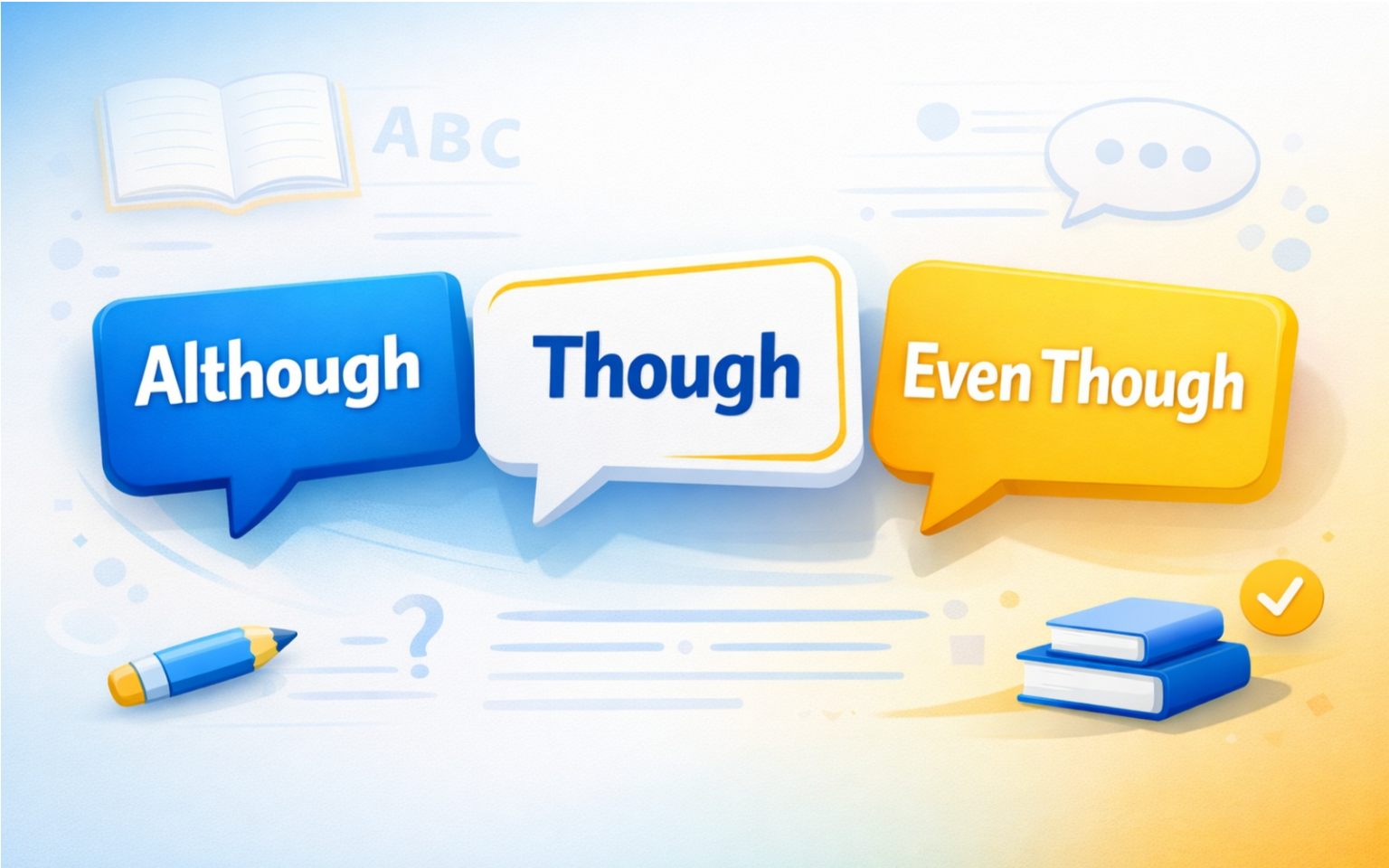 Although, Though e Even Though: Guia Prático de Uso e Diferenças com Exemplos. : Aprenda a usar Although, Though e Even Though corretamente em inglês com muitos exemplos práticos e tabelas. Guia completo e quiz interativo para dominar essas conjunções.