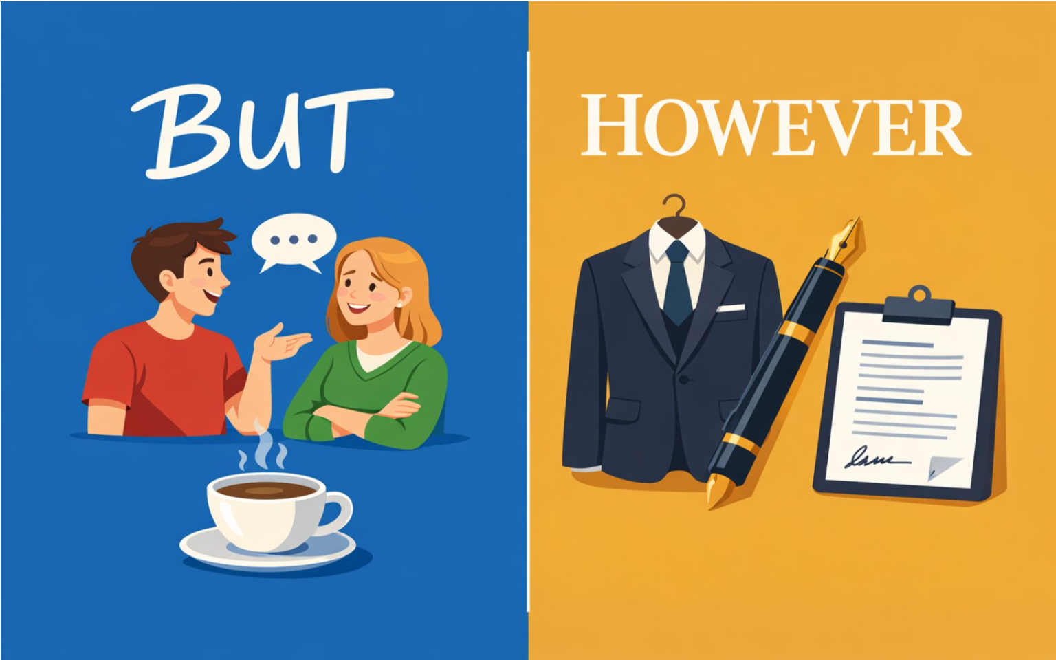 Quando usar BUT vs. HOWEVER: Guia Completo para a Fluência Infográfico comparativo entre BUT e HOWEVER, mostrando o uso informal e formal em inglês.