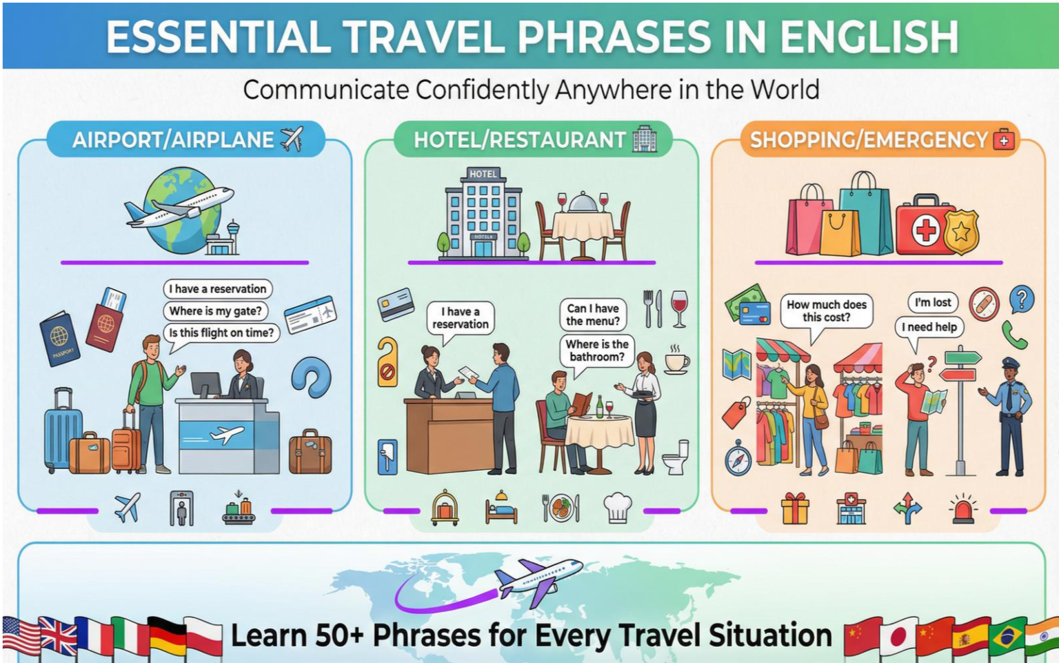 Ilustração mostrando viajante em aeroporto, hotel e restaurante com frases em inglês para comunicação.