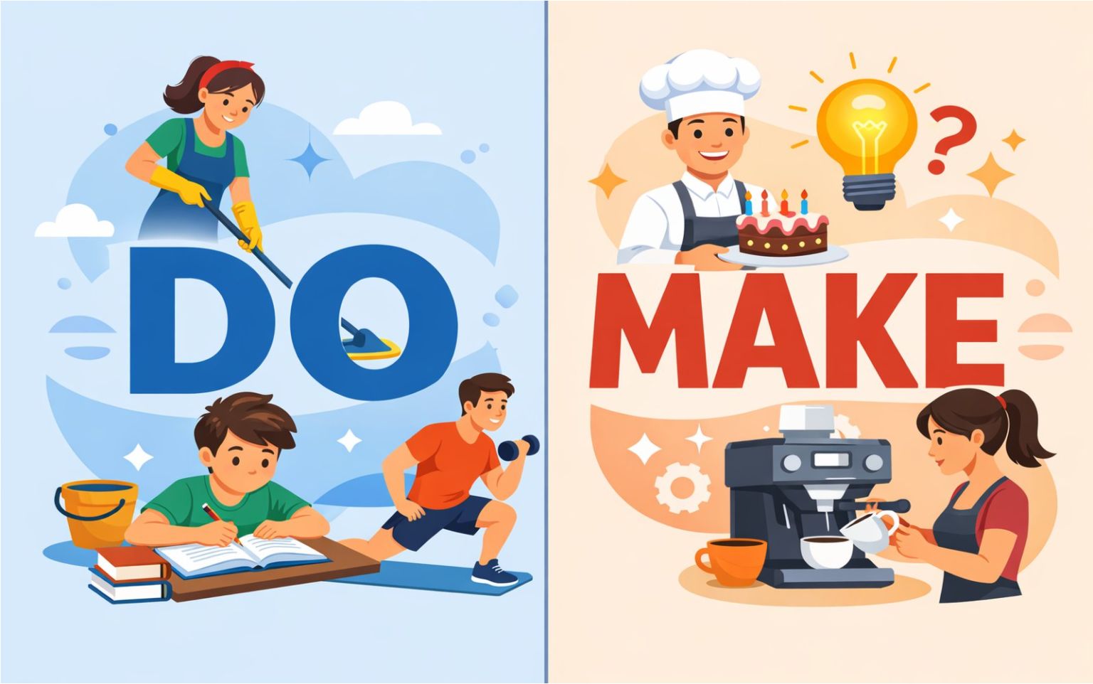 Ilustração mostrando a estrutura Make X Do com exemplos de causação e coerção em inglês.