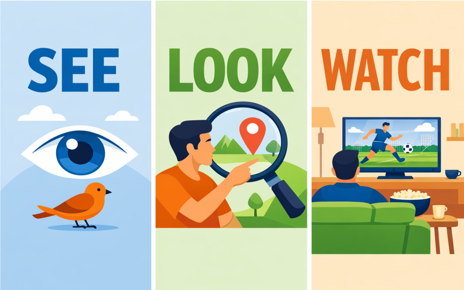Infográfico comparativo entre SEE, LOOK e WATCH, ilustrando a percepção passiva, a direção do olhar e a observação atenta.
