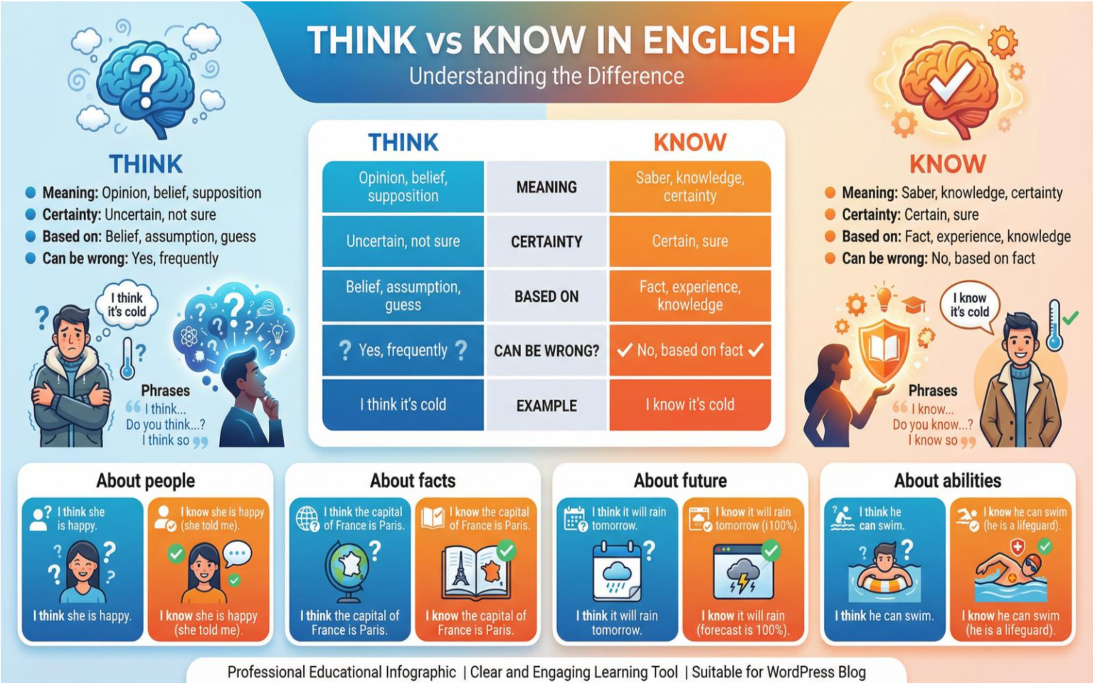 Ilustração mostrando a diferença entre Think (pensar/achar) e Know (saber) em inglês com exemplos práticos.