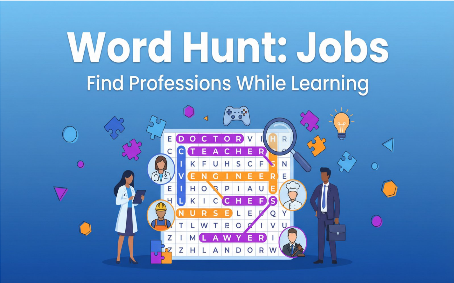 Caça-Palavras em Inglês: Jobs – Aprenda Profissões Brincando – Teacheraph : Ilustração educativa mostrando caça-palavras com profissões em inglês, grid de letras com palavras destacadas, magnifying glass e pessoas em diferentes profissões.