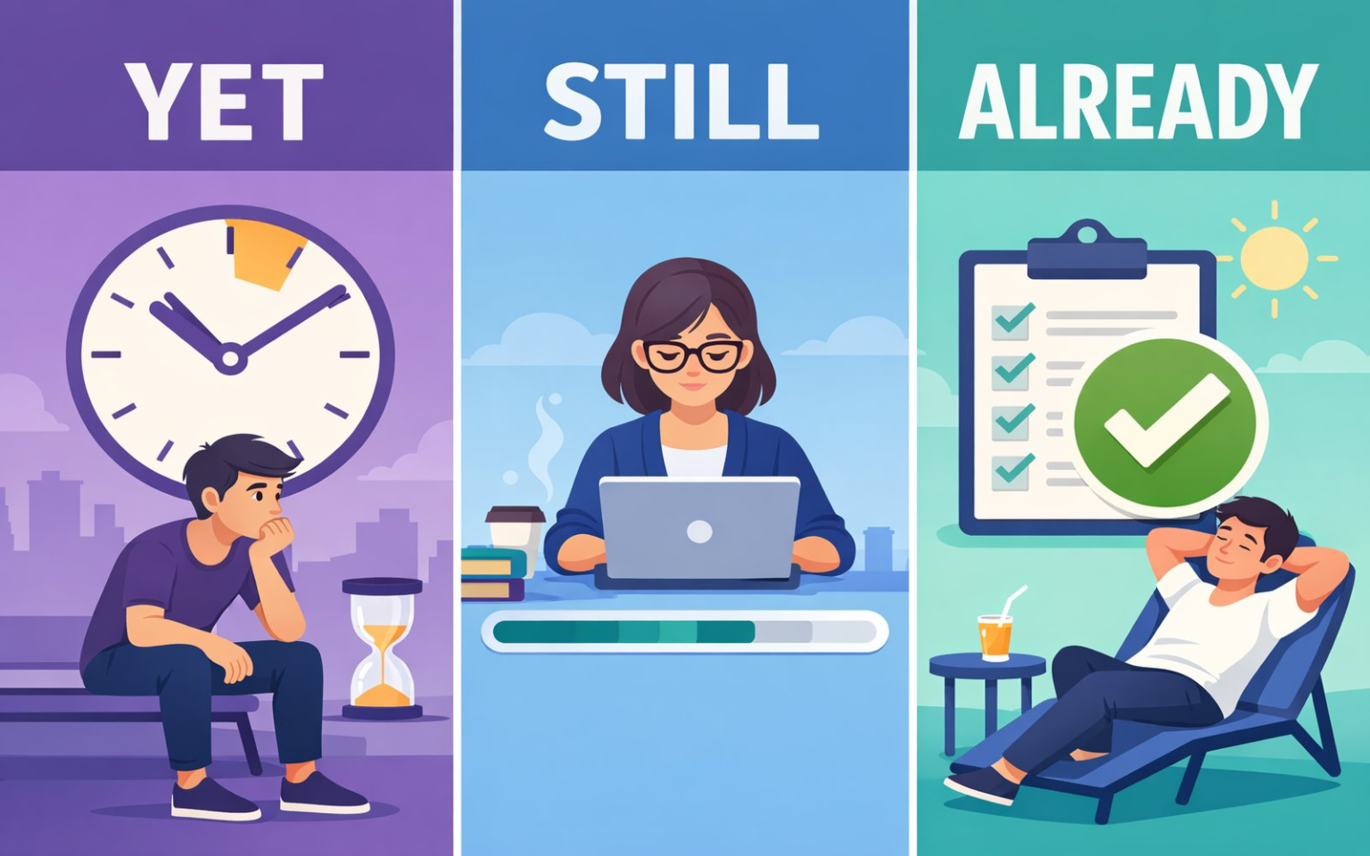 Infográfico comparativo entre YET, STILL e ALREADY, ilustrando o tempo, a expectativa e a continuidade.