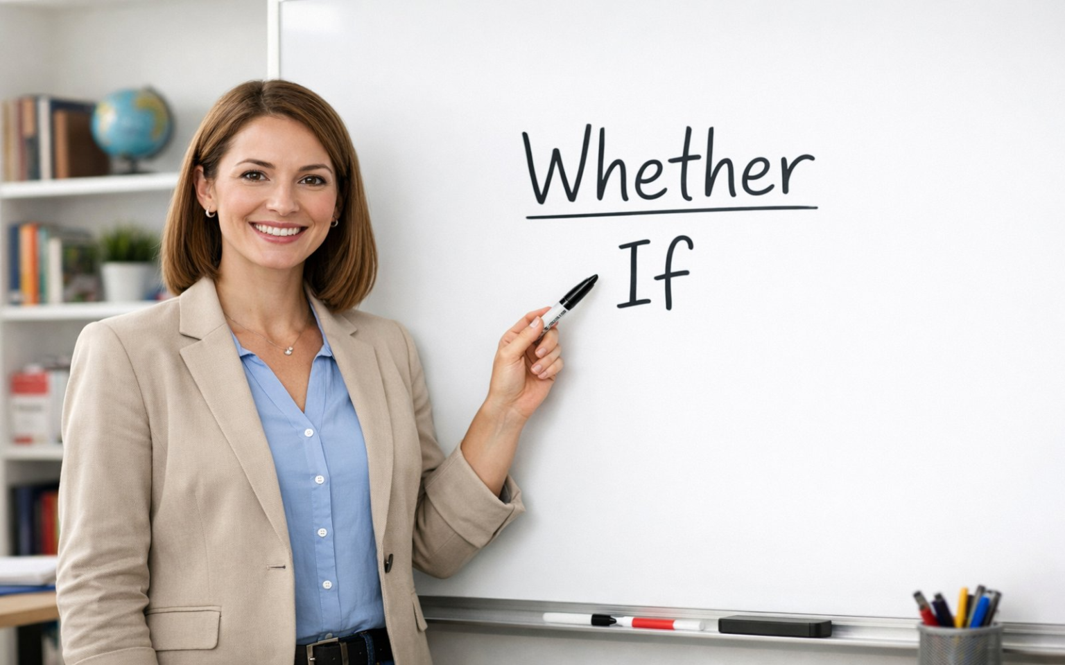 Diferença entre WHETHER e IF: Guia Essencial para a Fluência Professora de inglês explicando a diferença entre WHETHER e IF em um quadro branco, ilustrando escolha e condição.