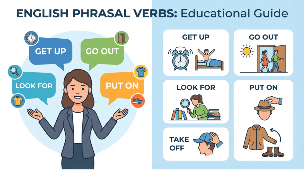 Ilustração educativa mostrando os principais phrasal verbs em inglês (get up, go out, look for, put on, take off) com ícones e exemplos visuais.