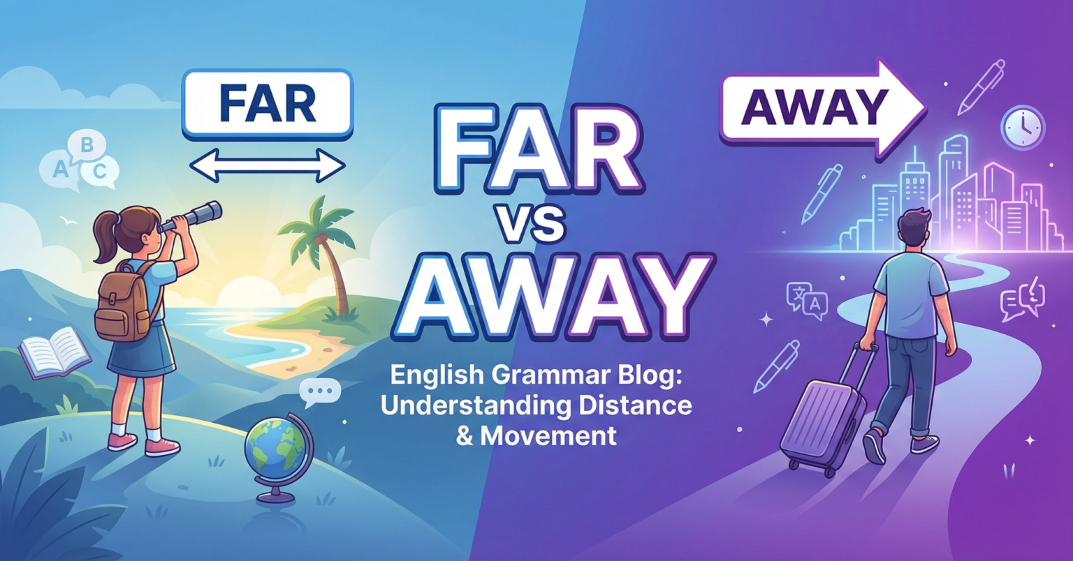 Diferença entre FAR e AWAY: Guia Completo para Fluência : Infográfico comparativo mostrando a diferença entre FAR (distância estática) e AWAY (movimento dinâmico) em inglês