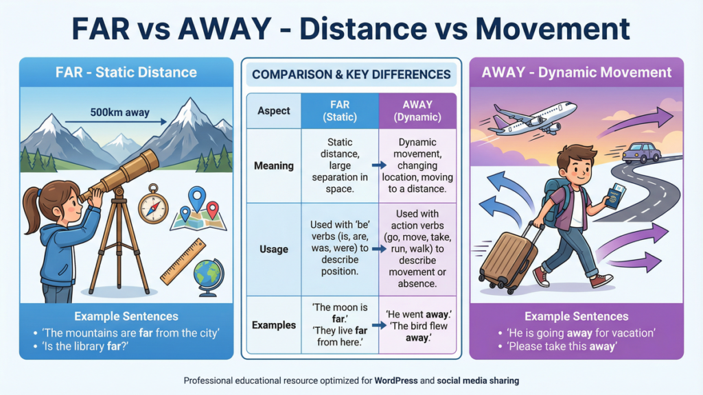 Diferença entre FAR e AWAY: Guia Completo para Dominar Esses Advérbios em Inglês Infográfico comparativo entre FAR (distância estática, medição física) e AWAY (movimento dinâmico, ação de se afastar) em inglês, mostrando exemplos e contextos de uso.