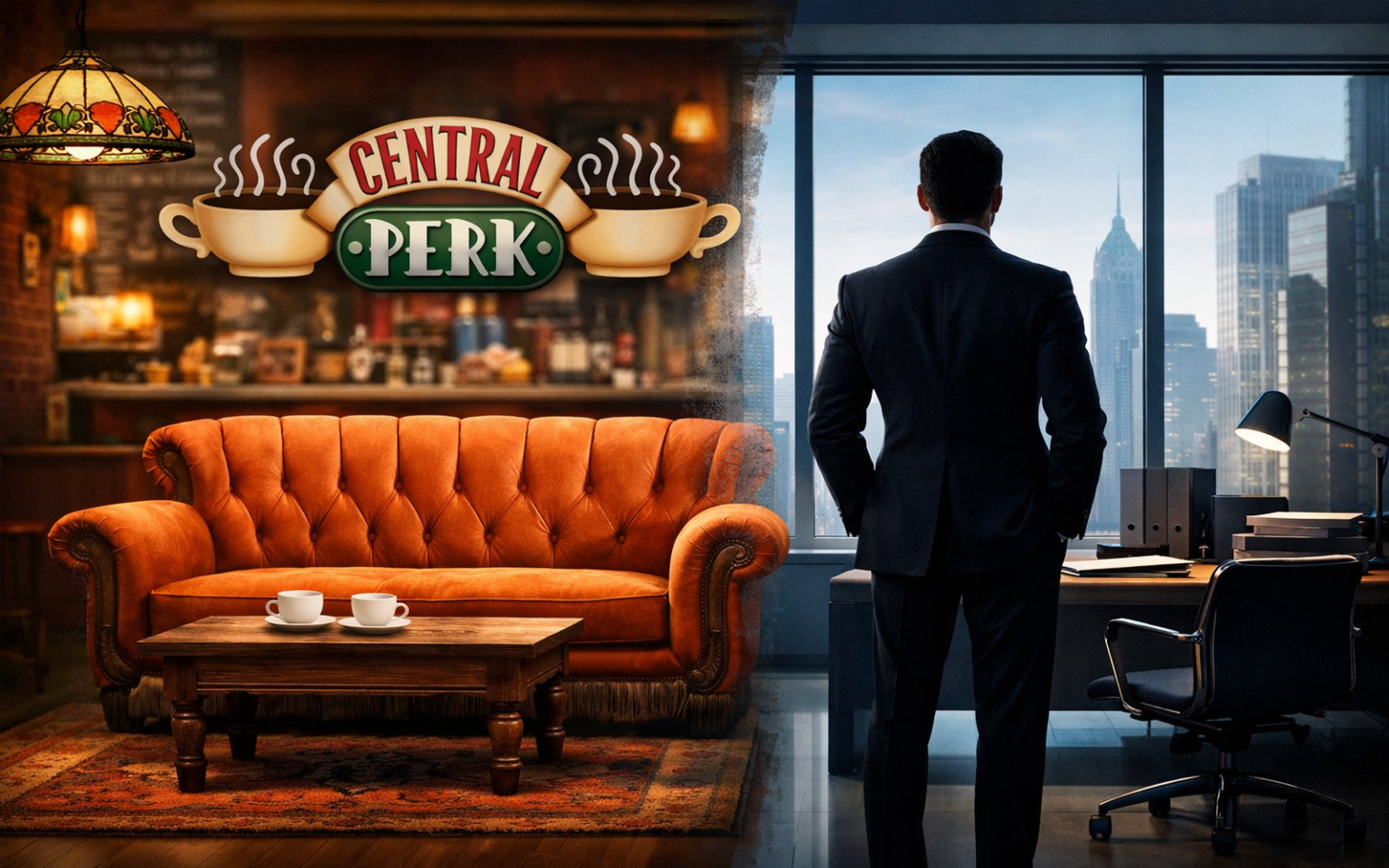 Aprenda Inglês com Séries: As Expressões de ‘Friends’ e ‘Suits’! Ilustração de personagens de séries (Friends e Suits) com balões de fala e elementos de aprendizado de inglês, simbolizando a diversão e eficácia de aprender com TV.