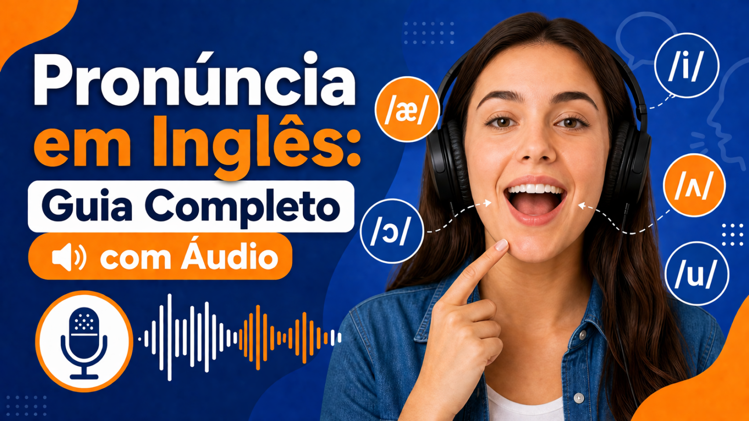 Pronúncia em Inglês: Guia Completo com Áudio para Iniciantes Mulher com fones de ouvido praticando pronúncia em inglês com símbolos fonéticos /i/, /æ/, /ɔ/, /ʌ/, /u/