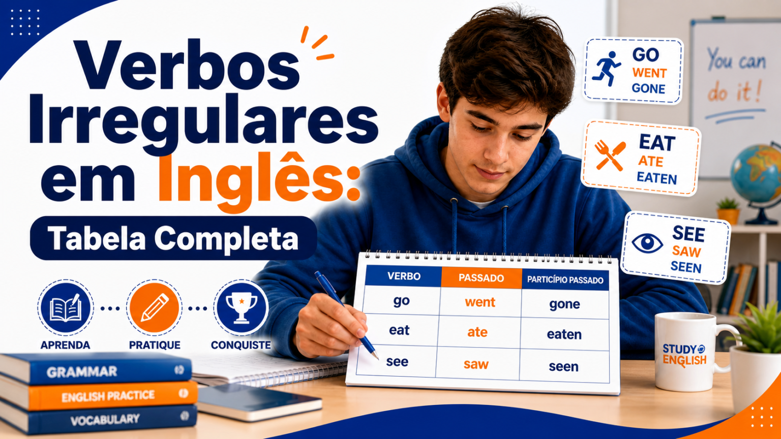 Verbos irregulares em inglês - go went gone, eat ate eaten, see saw seen - tabela completa para iniciantes
