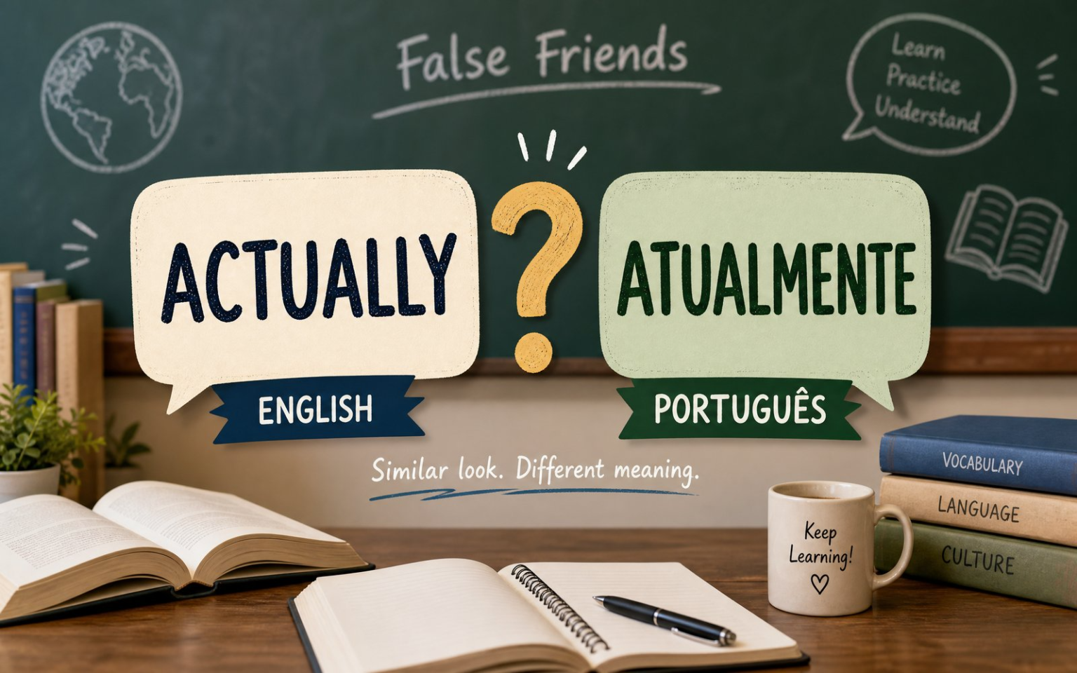 Ilustração sobre falsos amigos em inglês comparando Actually e Atualmente.