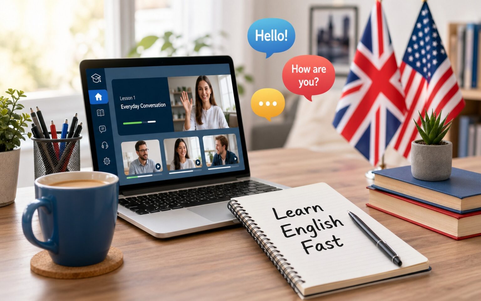 Como Aprender Inglês Rápido: Guia Completo para Iniciantes (2026) Ilustração vibrante de uma pessoa aprendendo inglês rapidamente com livros, fones de ouvido e balões de fala, simbolizando fluência e agilidade.