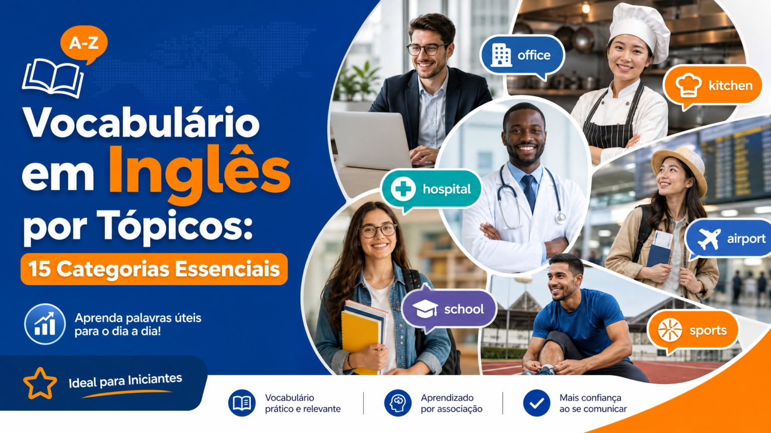 Vocabulário em inglês por tópicos - 15 categorias essenciais com pessoas em diferentes profissões Título: Guia Completo de Vocabulário em Inglês por Tópicos