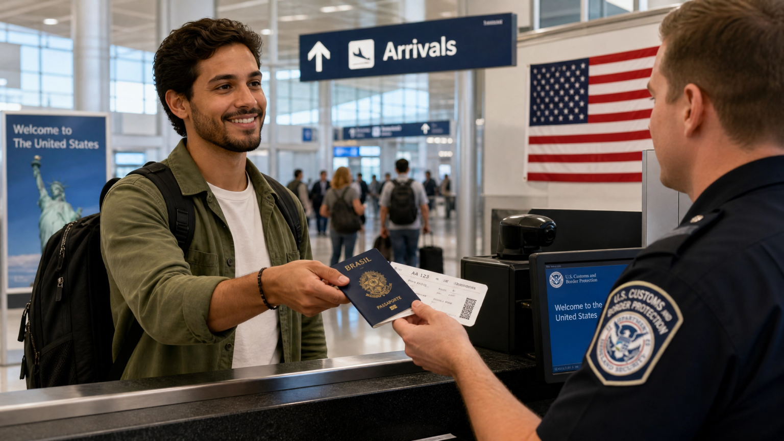 Viajante brasileiro sorridente entregando passaporte e passagem ao oficial de imigração em um aeroporto nos EUA.