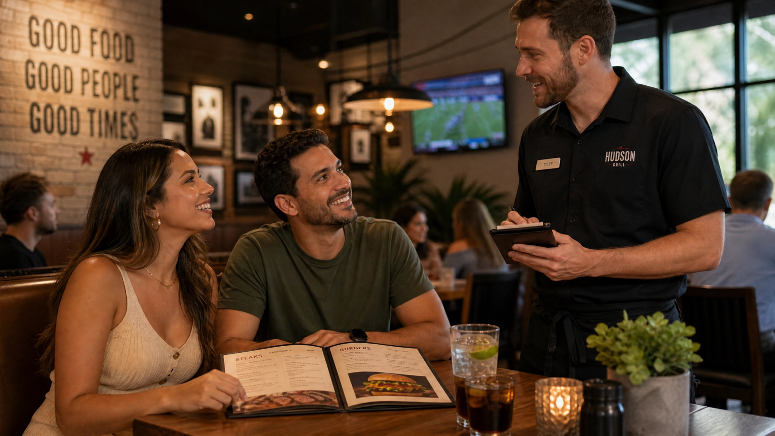 Casal brasileiro sorridente pedindo comida a um garçom em um restaurante americano moderno.