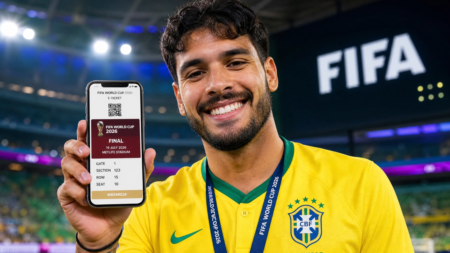 Torcedor brasileiro sorridente segurando um smartphone que exibe um ingresso digital oficial da Copa do Mundo FIFA 2026.