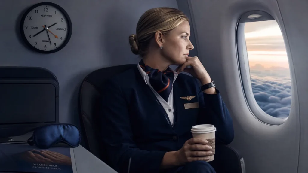 Comissário cansado em cabine de avião refletindo sobre desafios da profissão
