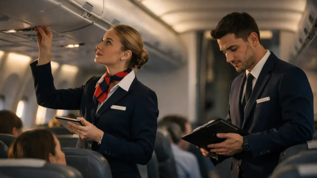Curso de Comissário de Voo deixou de ser obrigatório? Veja as regras da ANAC em 2026. Comissários de voo auxiliando passageiros e preparando a cabine de uma aeronave comercial antes da decolagem.