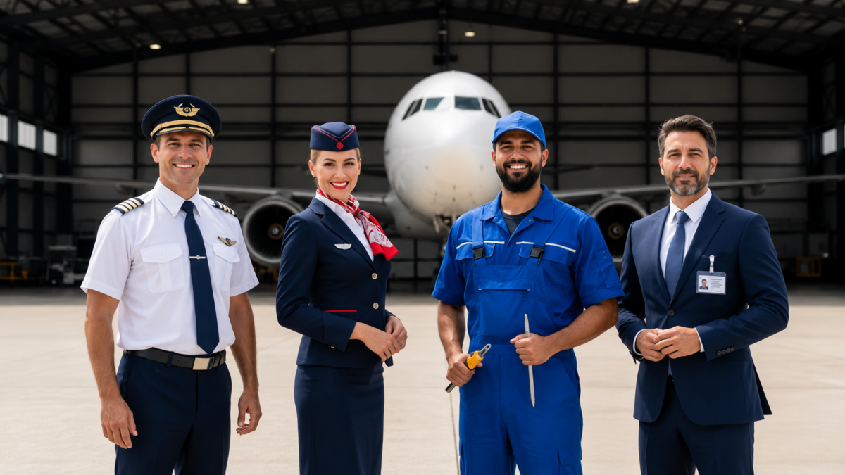 Piloto, comissária de voo, mecânico aeronáutico e gestor aeroportuário em frente a um avião dentro de um hangar, representando as principais carreiras na aviação.