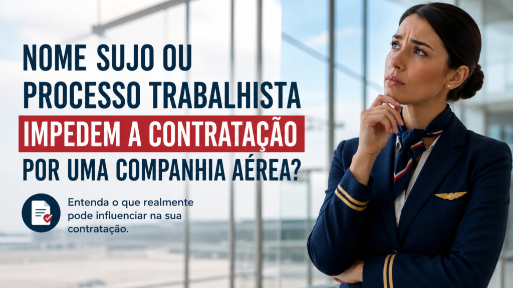 Nome sujo impede de trabalhar em companhia aérea? Veja a verdade. Comissária de voo refletindo sobre se nome negativado ou processo trabalhista pode impedir a contratação por uma companhia aérea.