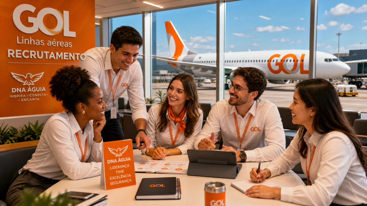 Candidatos em dinâmica de grupo da GOL colaborando em ambiente de aeroporto.