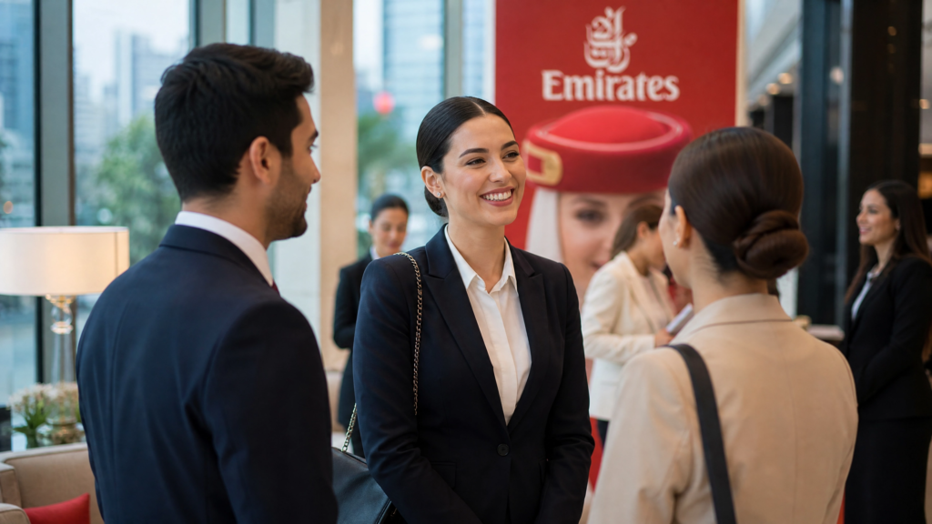 Open Day Emirates em São Paulo: Como Participar do Processo Seletivo para Comissário de Voo Internacional andidatos participando do processo seletivo Open Day Emirates em São Paulo.