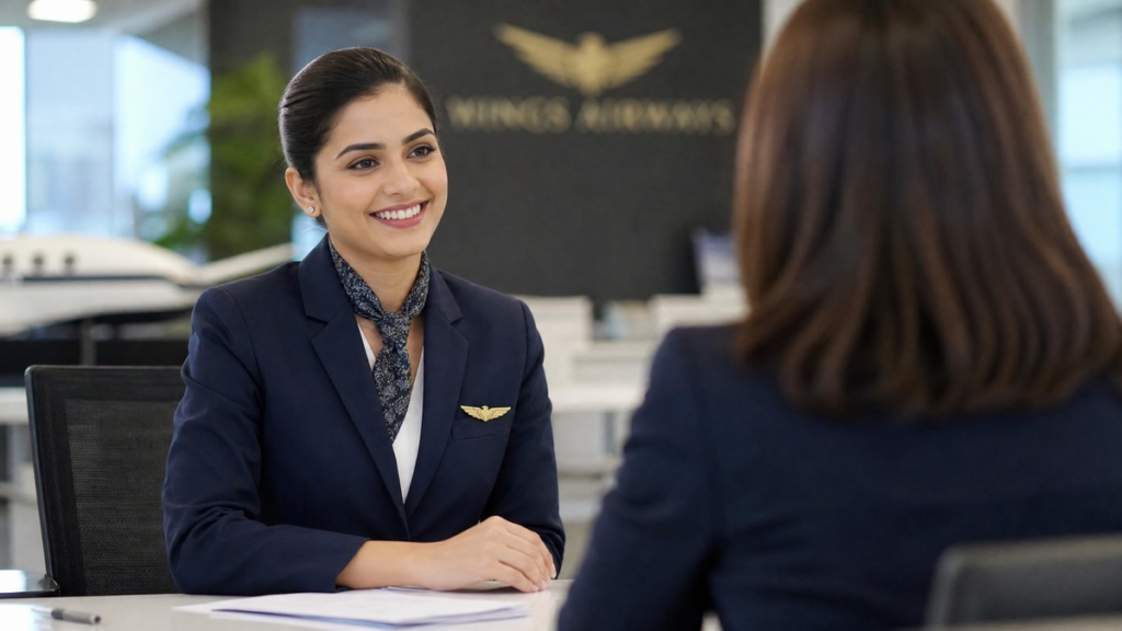 10 Erros Que Reprovam Candidatos em Entrevistas de Companhias Aéreas (E Como Evitá-los) Candidato realizando entrevista para vaga de comissário de voo em companhia aérea