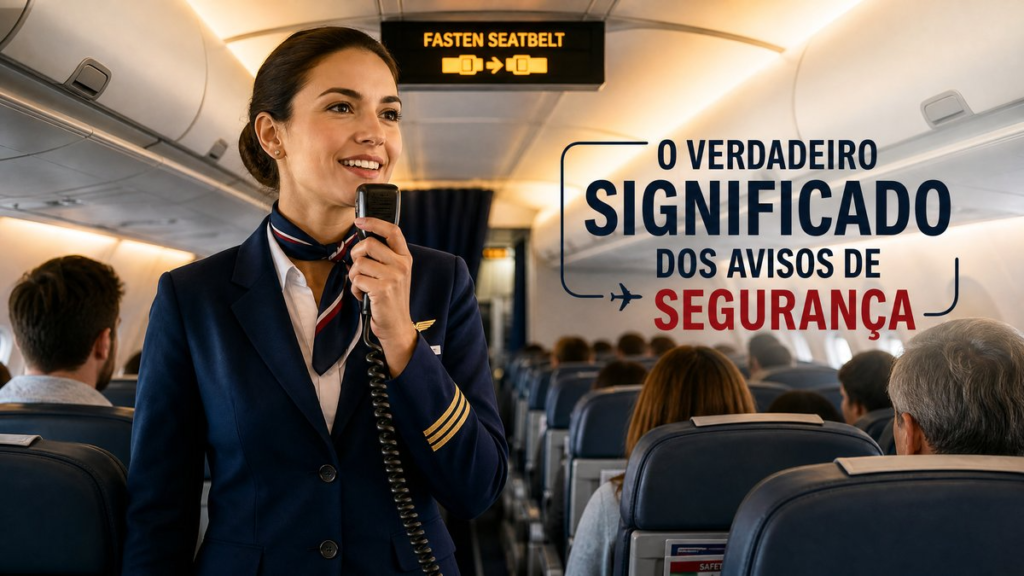 Comissário de voo falando ao microfone (interfone) da aeronave, realizando um anúncio de segurança para os passageiros.