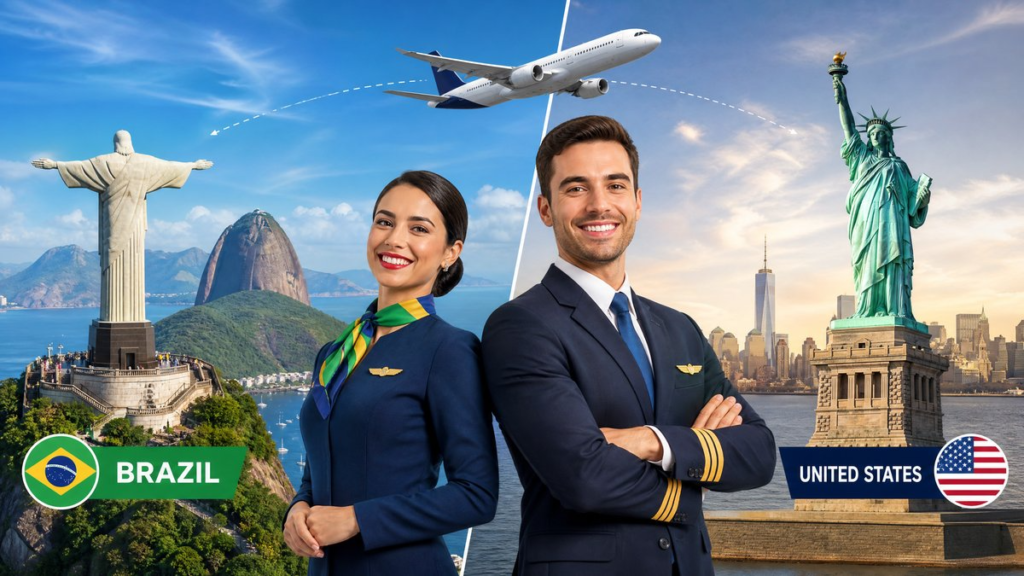 Comissário de Voo no Brasil vs. EUA: Salários, Requisitos e Carreira Bandeiras do Brasil e dos Estados Unidos sobrepostas a uma imagem de uma aeronave, simbolizando a comparação entre os dois mercados.