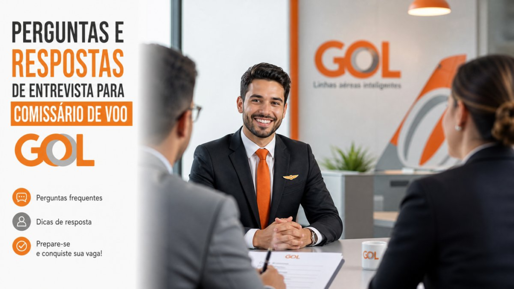 Perguntas e Respostas de Entrevista para Comissário de Voo GOL Candidato a comissário de voo sorridente durante entrevista para a GOL, demonstrando agilidade e simpatia.