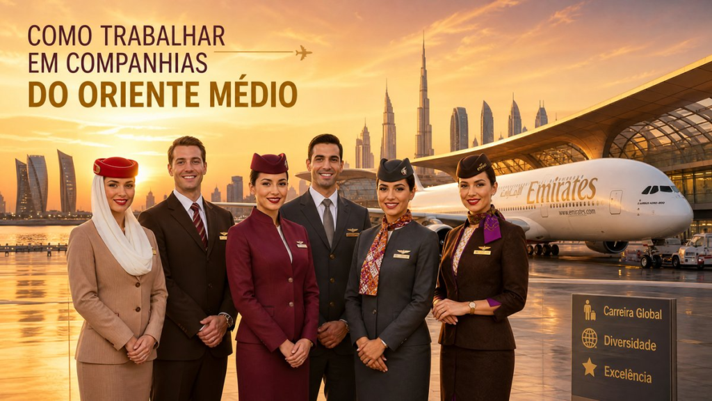 Comissários de voo da Emirates, Qatar e Etihad sorridentes, simbolizando o glamour e o padrão de elite das companhias do Oriente Médio.