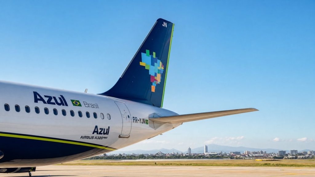 Azul Linhas Aéreas detalha critérios para seleção de novos comissários de voo. Logotipo da Azul Linhas Aéreas em uma aeronave moderna, representando os padrões de contratação da empresa.