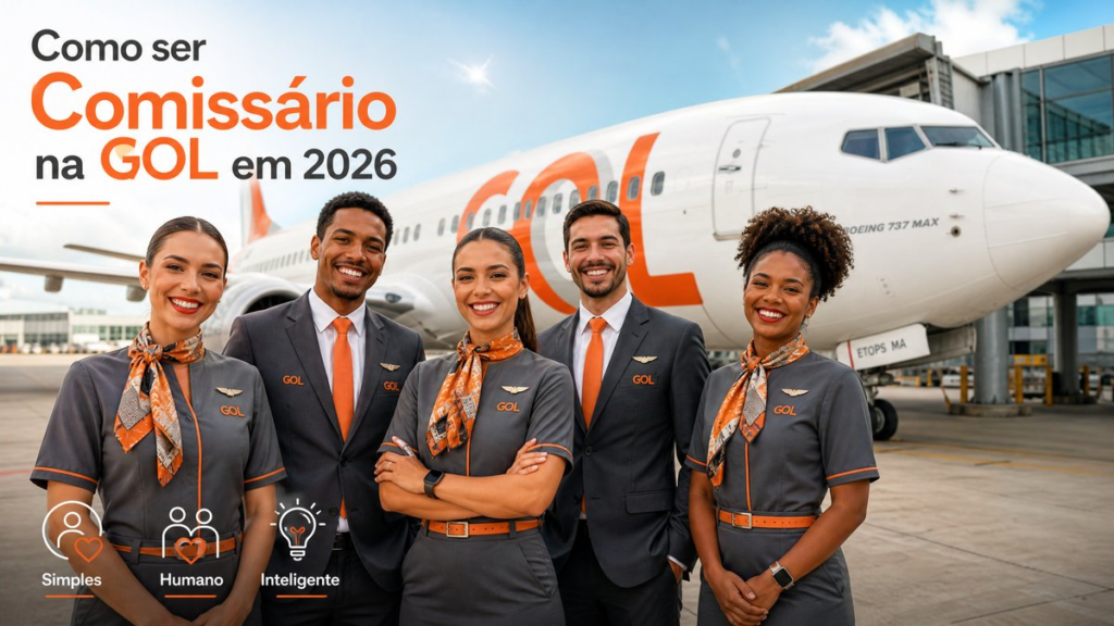 Comissário(a) de Voo – Externa | 2026 (Banco de Talentos) Comissários de voo da GOL sorridentes em frente a uma aeronave laranja, simbolizando o "Espírito Águia" e as oportunidades de carreira na companhia.
