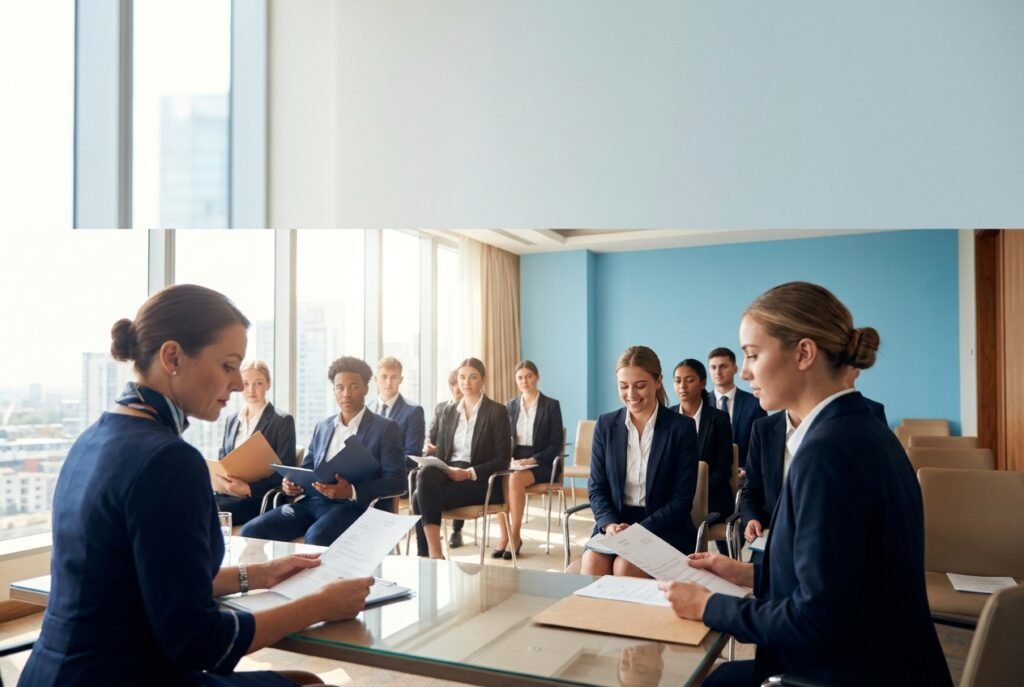 Candidatos a comissário de voo aguardando em um Open Day de recrutamento de companhia aérea