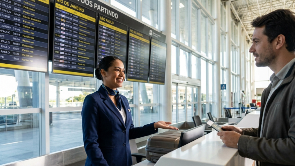 Como Passar na Entrevista para Agente de Aeroporto Agente de aeroporto uniformizada sorrindo enquanto atende um passageiro no balcão de check-in